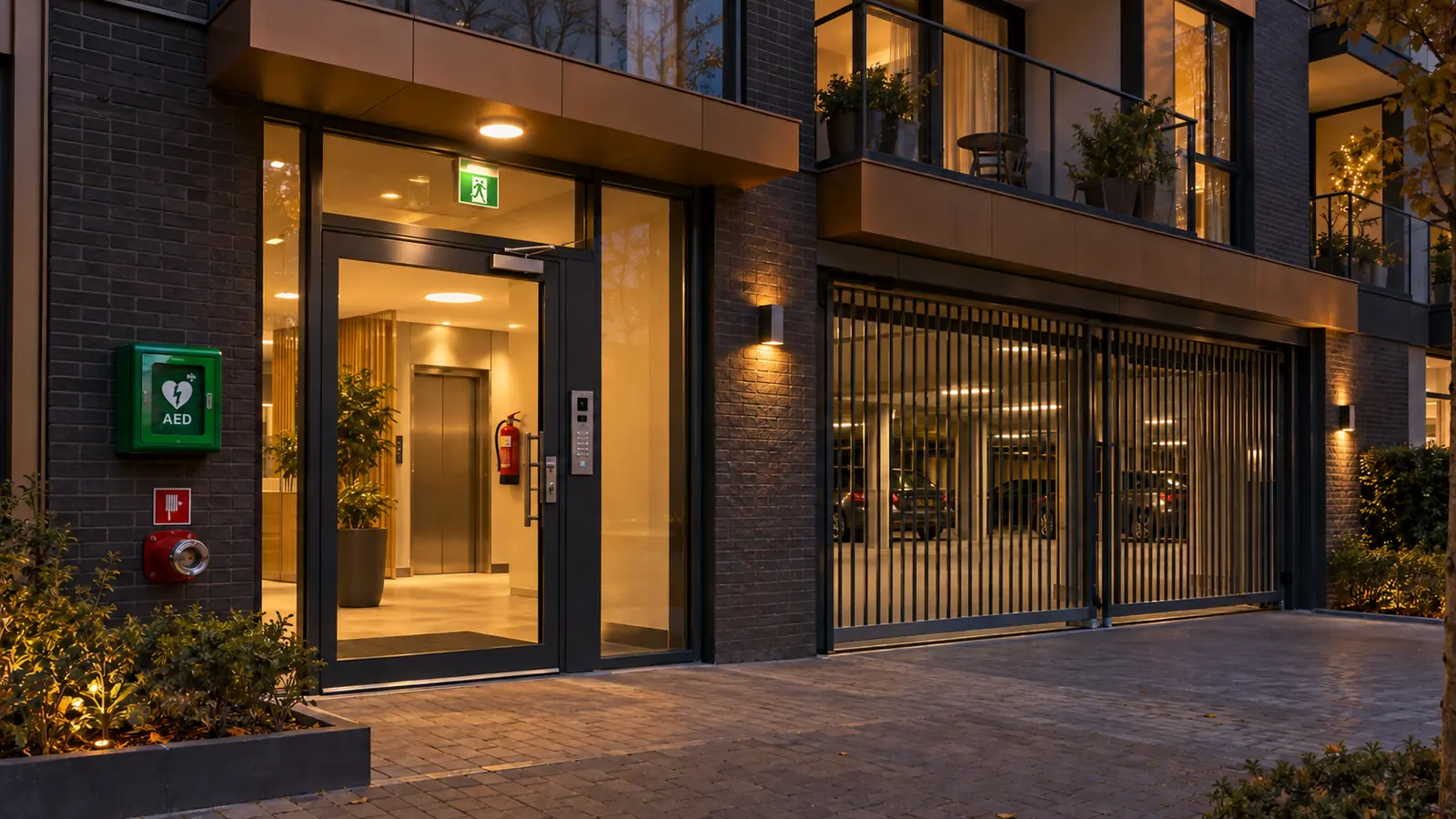 Fictief wooncomplex De Linde bij avond: glazen entreedeur met deurdranger en intercom, noodverlichting, AED en droge blusleiding buiten, brandblusser, lift en plafondverlichting in de hal, een garagehek van verticale stalen spijlen en een schone stoep.