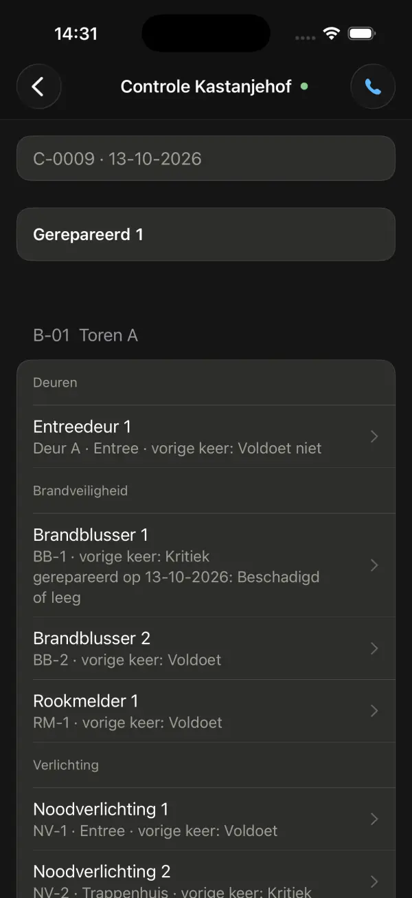 De app: Controle Kastanjehof, met per object in Toren A het oordeel van de vorige keer.