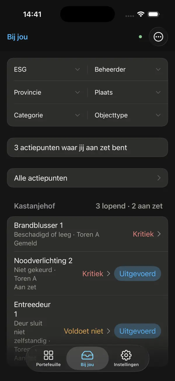 De app van de beheerder: Bij jou, met de actiepunten waar de beheerder aan zet is en de knop Uitgevoerd.