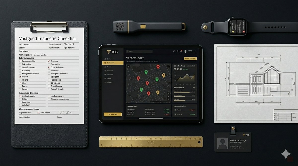 Tornado Data Services vastgoed inspectie app met iPad dashboard en QR scanner